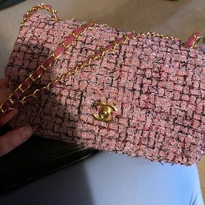Chanel Pink Tweed Crossbody with Gold Chain